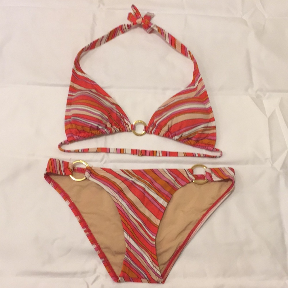 BCBG MAX CoralPink Stripe Triangle Bikini Swimsuit